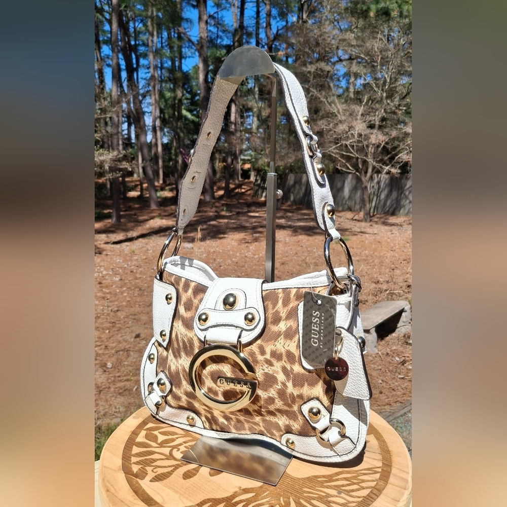 Rare New Vintage Y2K Guess Leopard Print & White Faux Leather Shoulder Bag